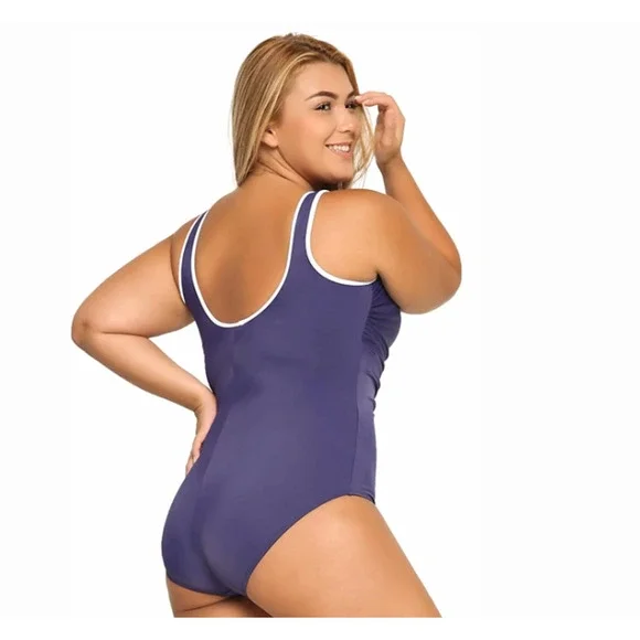 DELIMIRA Womens Built-in Cup 1-Piece Swimsuit Zip Front Navy Plus Size 20W 11297